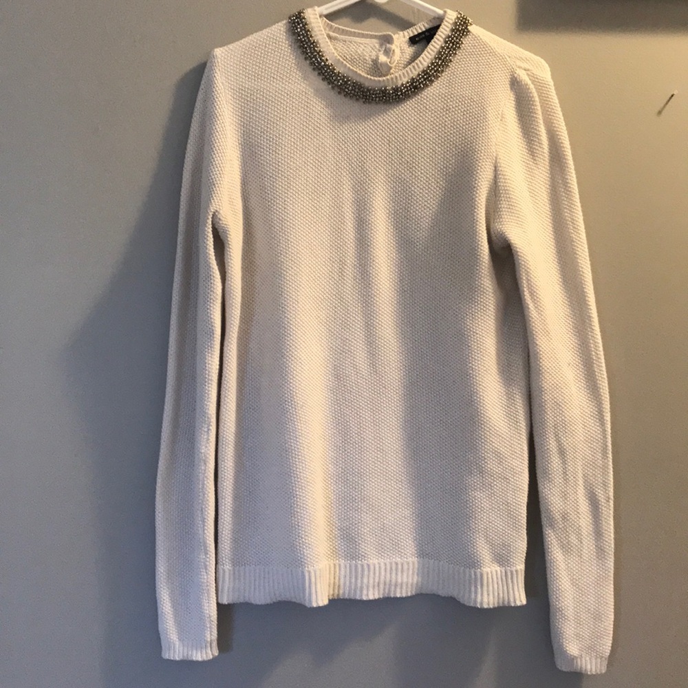 Long sweater ivory/cream/off white. Beaded collar